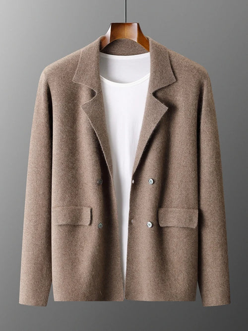 100% Merino Wool Sweater Men's Suit Collar Cardigan Smart Casual Knitwear Autumn Winter Cashmere Solid Coat Pockets Clothing Top