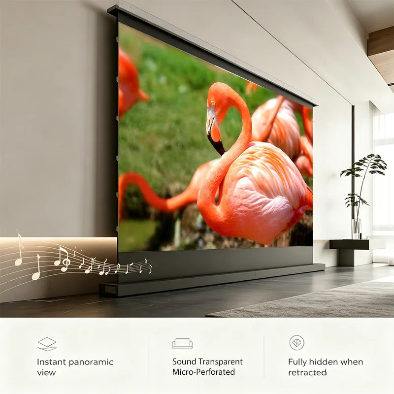 Motorized Floor Rising ALR Acoustic Transparent Projector Screen, 8K High Contrast Perforated Short Throw Home Theater Screen