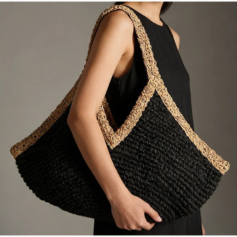 Bohemian Handmade Woven Straw Beach Bag Vintage Crochet Tote Shoulder Handbag Summer Vacation Seaside Daily Casual Rattan Purse