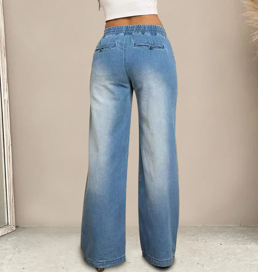 Women Jeans Vintage Denim Pant Elastic Waist Lace Up Wide Leg Long Pants Straight Trousers Y2k Streetwear Splice Work Spring