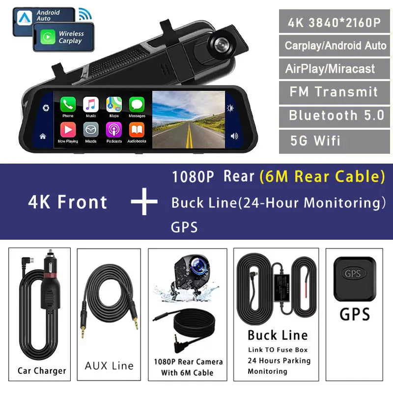 4K Dual-Lens Dash Cam with GPS, Wi-Fi & CarPlay