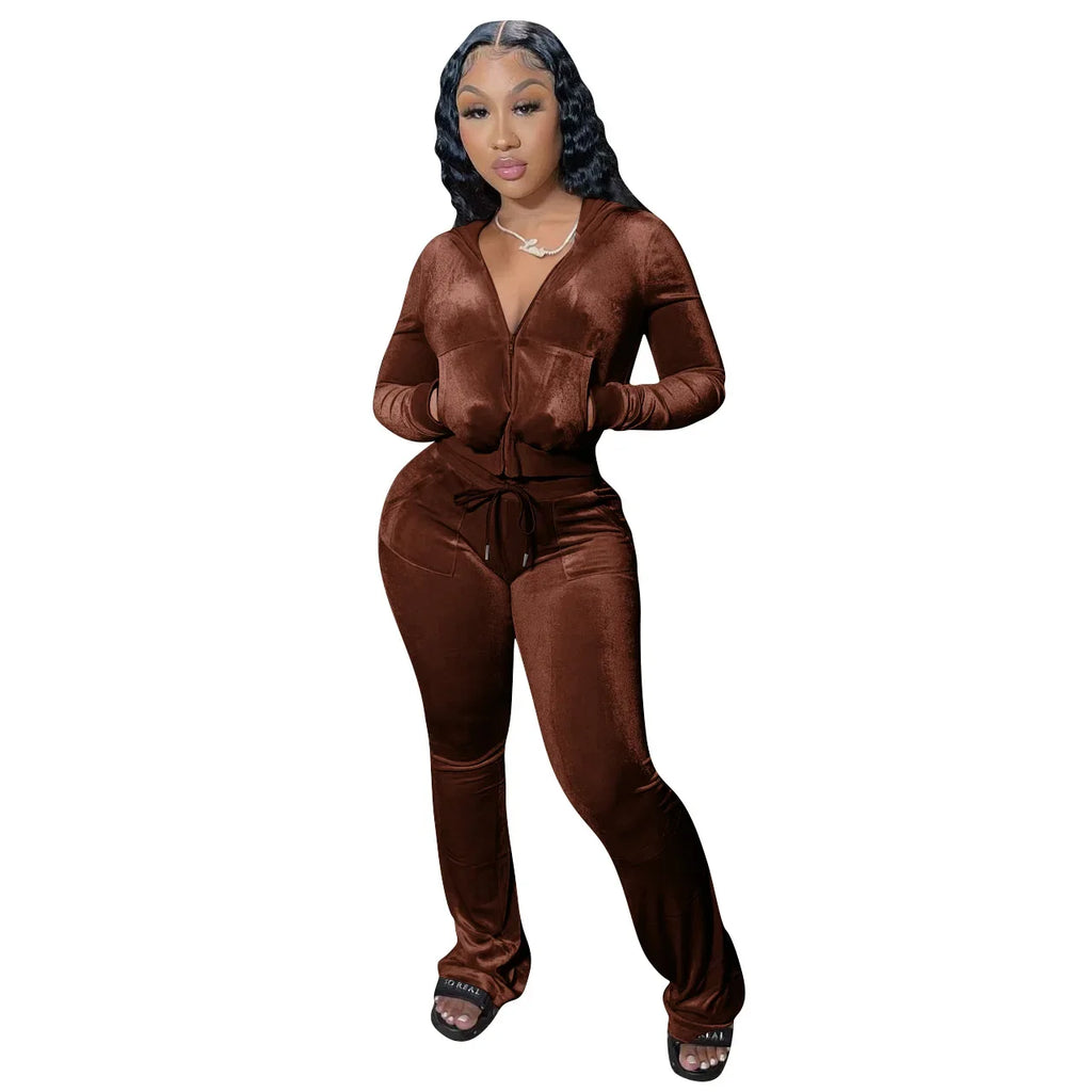 Hot Sale Fall Women's hoodie Set Zipper Pocket Crop Top Jacket Velvet Jogging suit Velour tracksuits Women Two Piece set