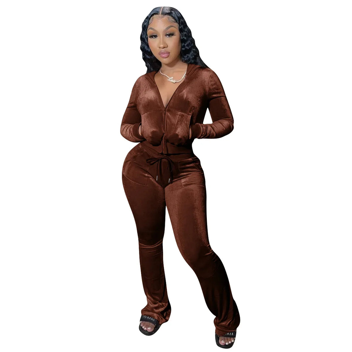 Hot Sale Fall Women's hoodie Set Zipper Pocket Crop Top Jacket Velvet Jogging suit Velour tracksuits Women Two Piece set