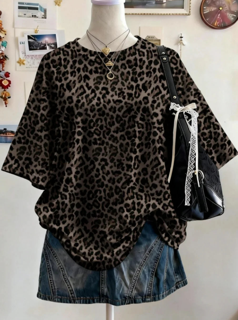 Summer Y2K Leopard Print Casual Oversized Round Neck Drop Shoulder Women Short Sleeve T-shirt Street Casual Sports Top
