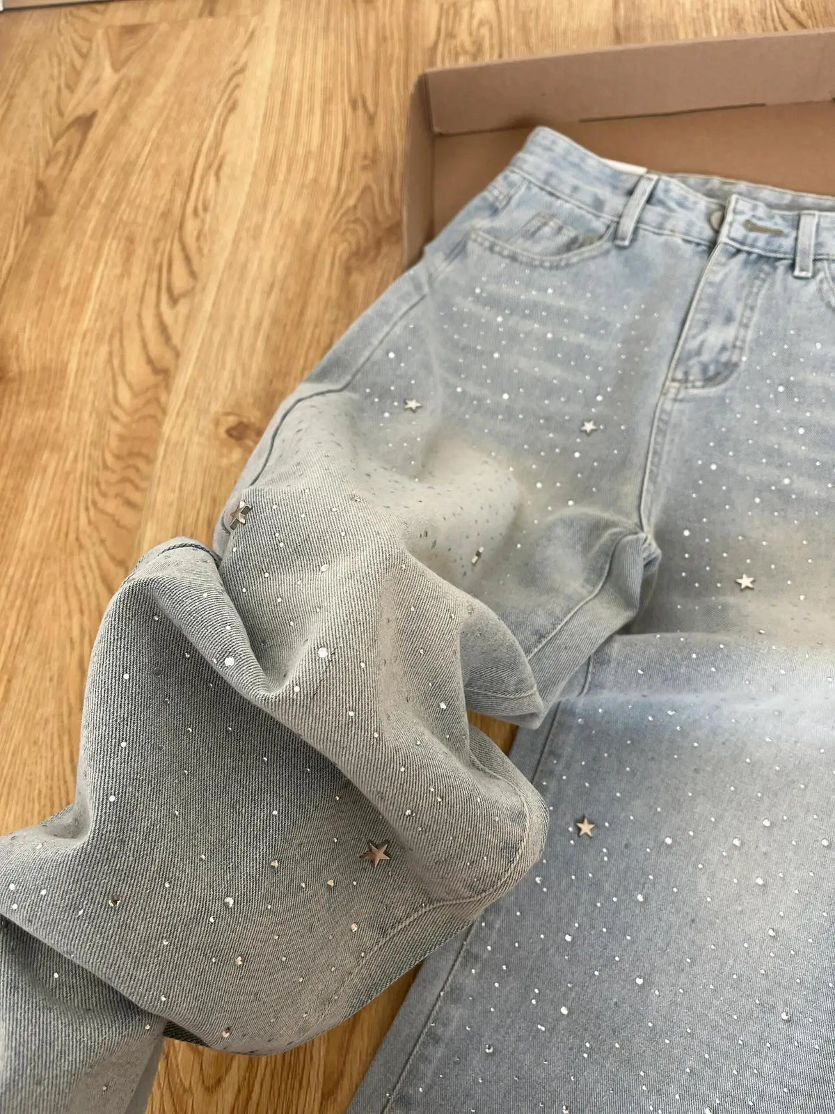 Women's 2025 Autumn New Light Blue Hot-Selling Rhinestone Straight Jeans High Waist Wash Jeans Loose Slimming Wide Leg Trousers