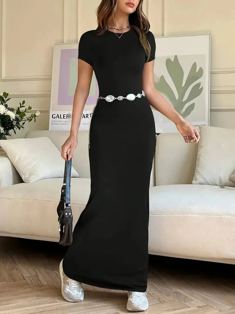 Short-sleeved Solid Color Slim Sexy Waisted Spring And Summer Temperament Dress Women's Round Neck Elegant Long Dress For Dinner