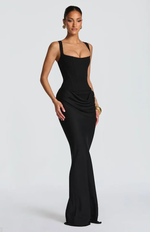 Solid Pleated Sling Dress Women Square Neck Sleeveless Off-shoulder Waist Cinching Slim Dresses 2026 Lady Evening Party Gowns