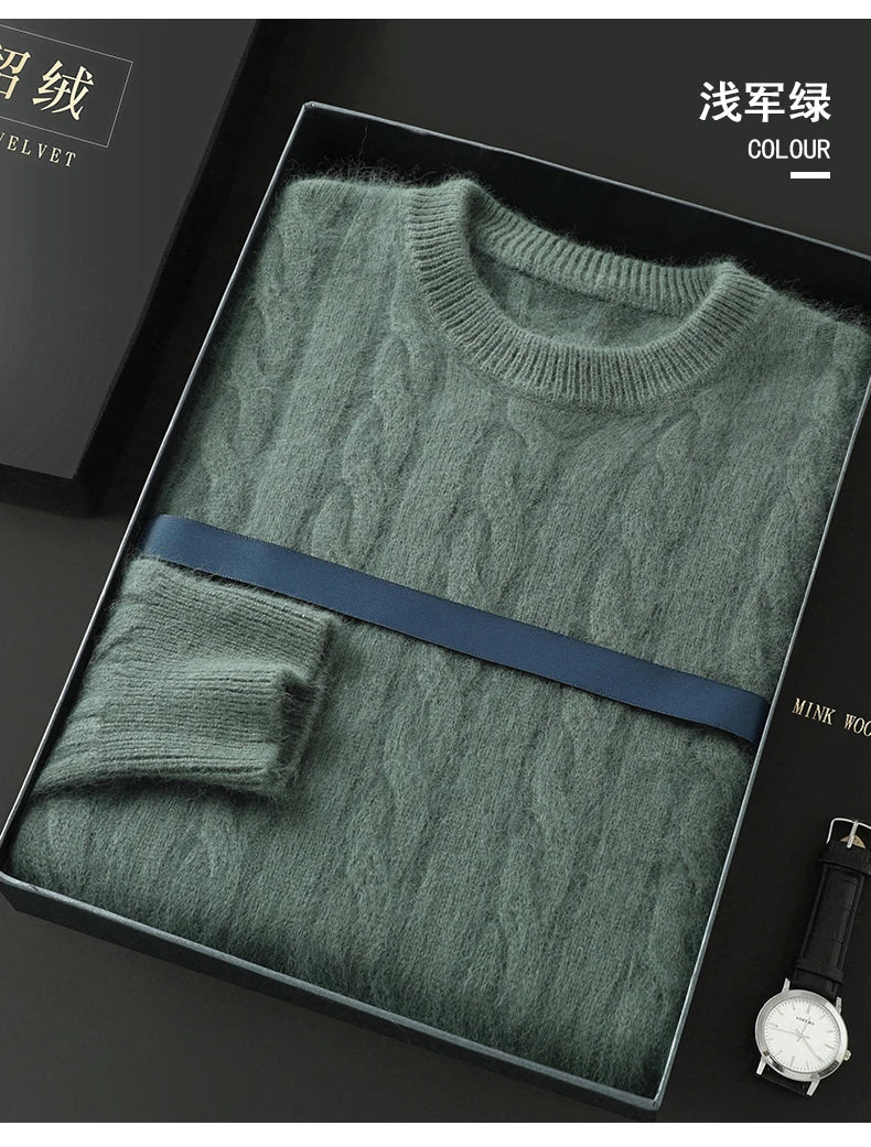 Men's Round Neck Pullover Sweater For Autumn Winter 100% Pure Mink Cashmere Knitted Sweater, Casual Long Sleeved Thick Warm Base
