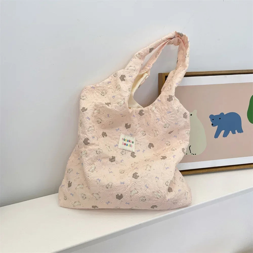 Female Tote Shopping Bag Eco Handbag Reusable Grocery Shopper Purse Korean Women Sweet Cartoon Shoulder Bag Books Pouch