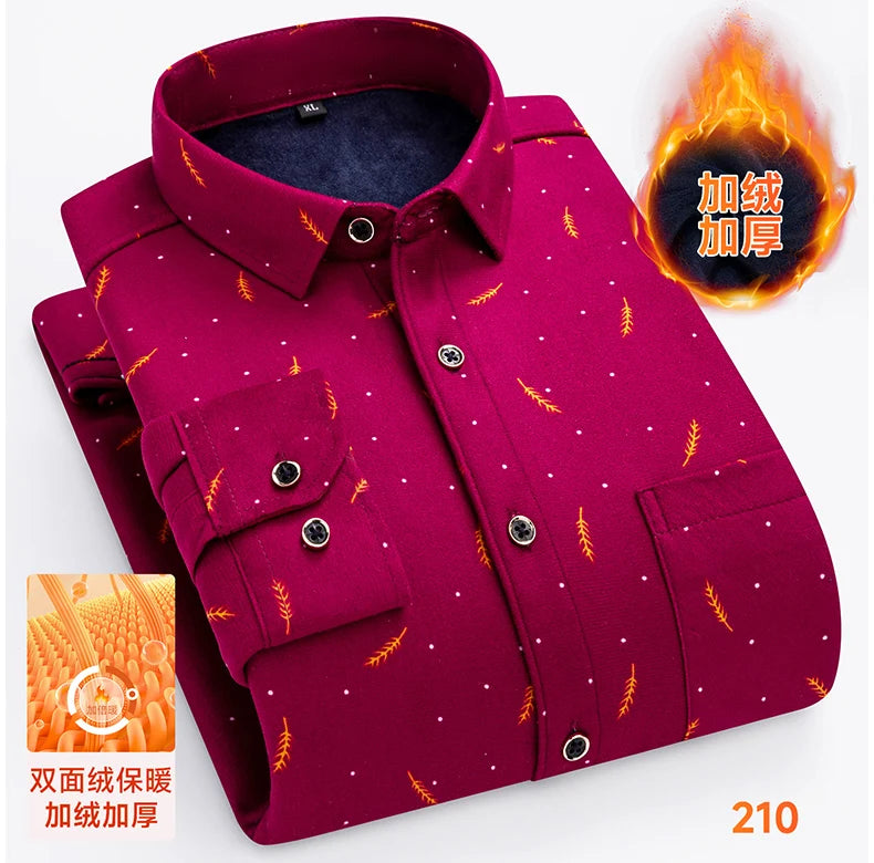 2025 Men's Winter Warm Shirts Long Sleeve Plaid Print Flower Autumn Thickened Fleece Street Trend Casual Dress Shirts 8XL 7XL