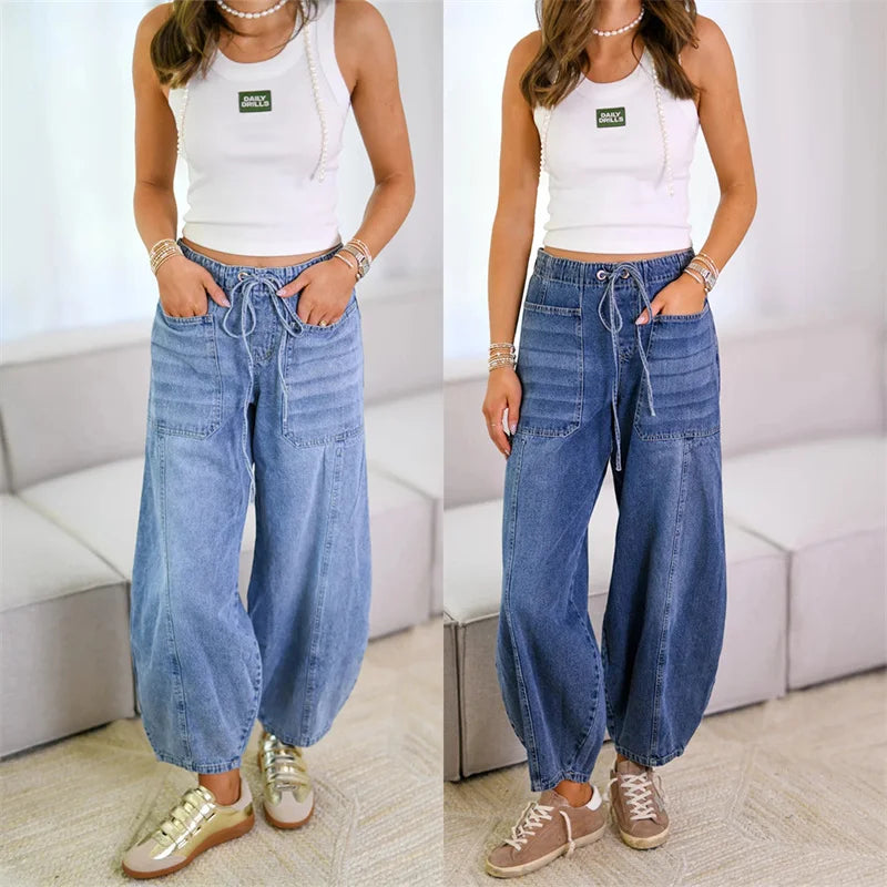 2025 Spring Street Fashion Washed Wide Leg Baggy Jeans Women Casual Loose Mid Waist Denim Pants Boyfriend Denim Bloomers Jeans