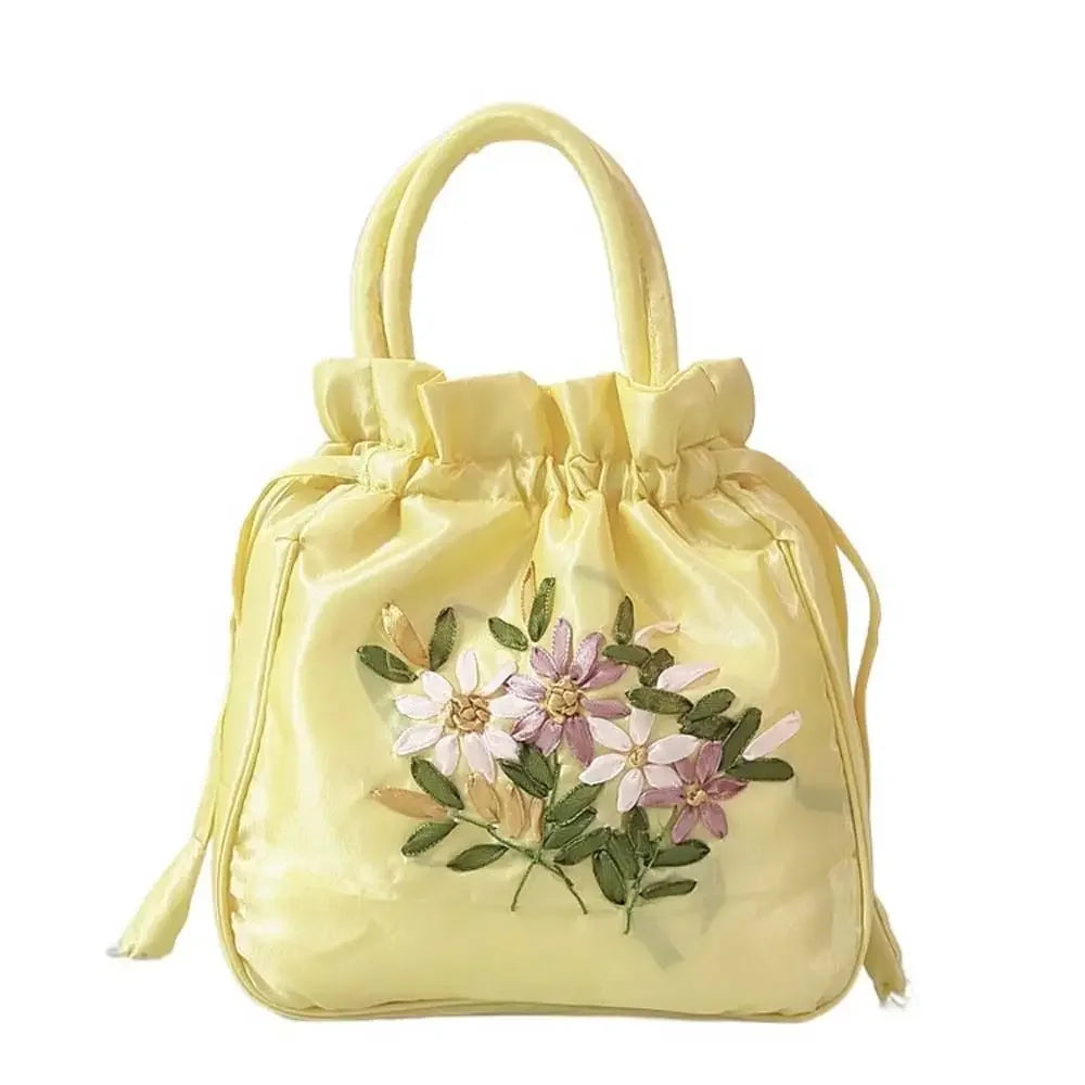 Retro Elegant Satin Silk Embroidery Totes for Women Floral Drawstring Handbag Hanfu Woman Purse Wallet Small Tote Bags