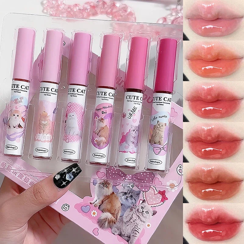 6Pcs/set Cute Cat Mirror Water Lip Gloss Set Red Tint for Lips Makeup Long Lasting Glass Lip Glaze Waterproof Lipstick Kit