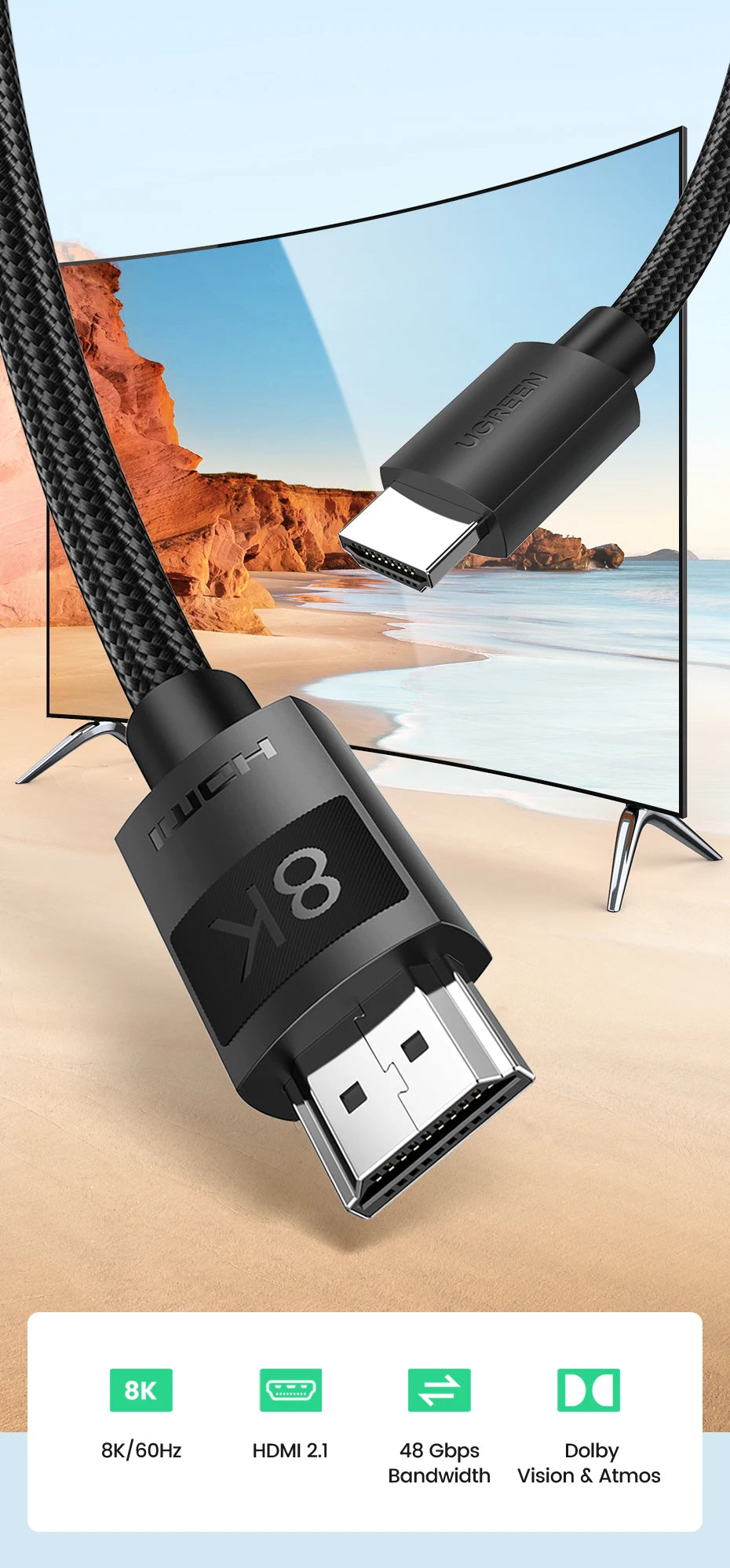 Ugreen HDMI 2.1 Cable Ultra High-speed 8K/60Hz 4K/120Hz for Xiaomi Mi Box PS5 HDMI Splitter Cable HDMI Dolby Vision 48Gbps HDMI