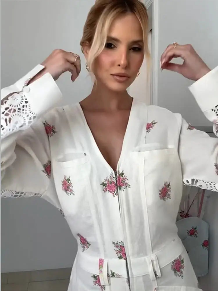 Casual Women's Jumpsuit V-neck Full Sleeve Zipper Straight Print Floral Female Jumpsuits 2026 Summer Fashion Chic Lady Outfit