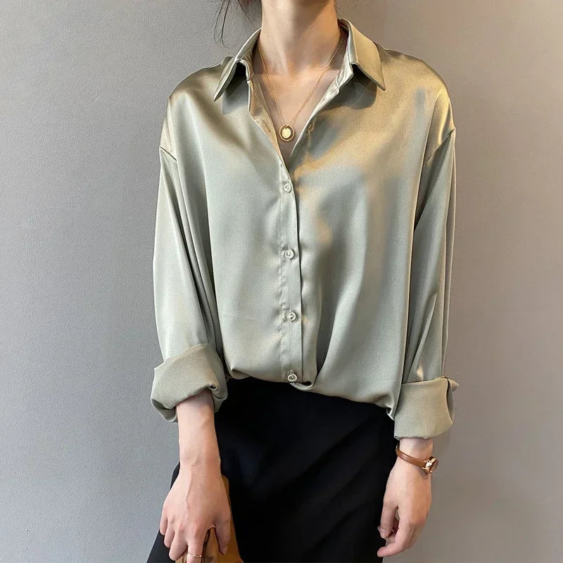 Fall Turn-down Collar Elegant Satin Loose Women Shirt 2026 Plus Size Blouse Autumn Vintage Casual Button Silk Tops
