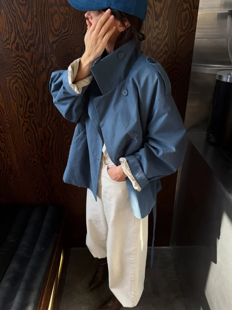 Women Casual Blue Lace-up Trench Coats Chic Stand Collar Full Sleeve Double Breasted Loose Windbreaker Lady Commute Coat 2026