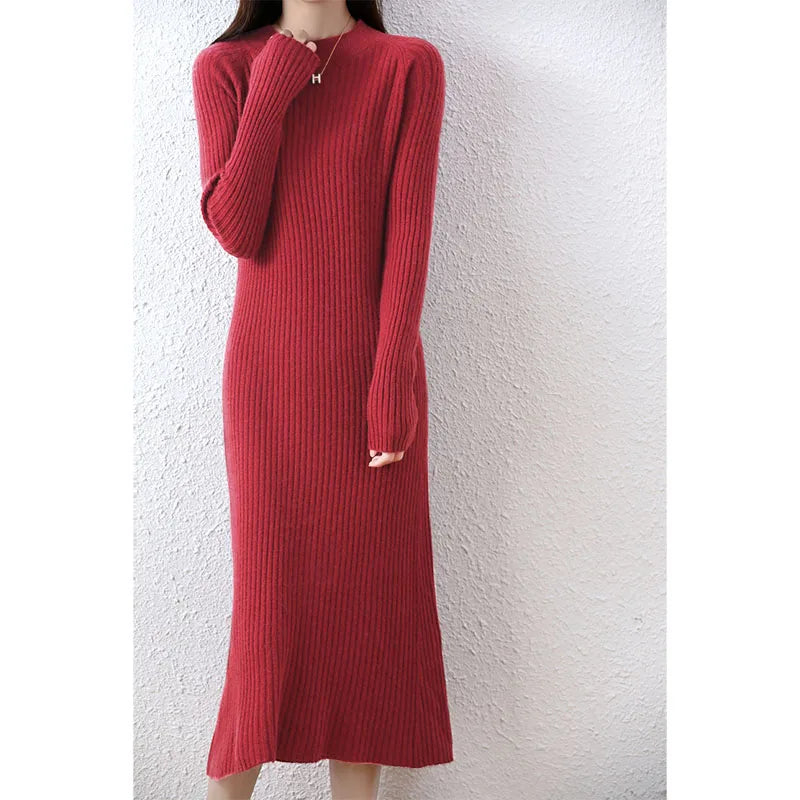Cashmere Sweater Womens Dresses 100% Merino Wool Autumn Winter New Elegant Knitted Long Dress Female Casual Warm Skirts Vestidos