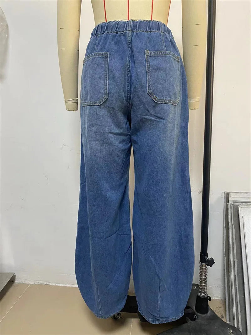 2025 Spring Street Fashion Washed Wide Leg Baggy Jeans Women Casual Loose Mid Waist Denim Pants Boyfriend Denim Bloomers Jeans